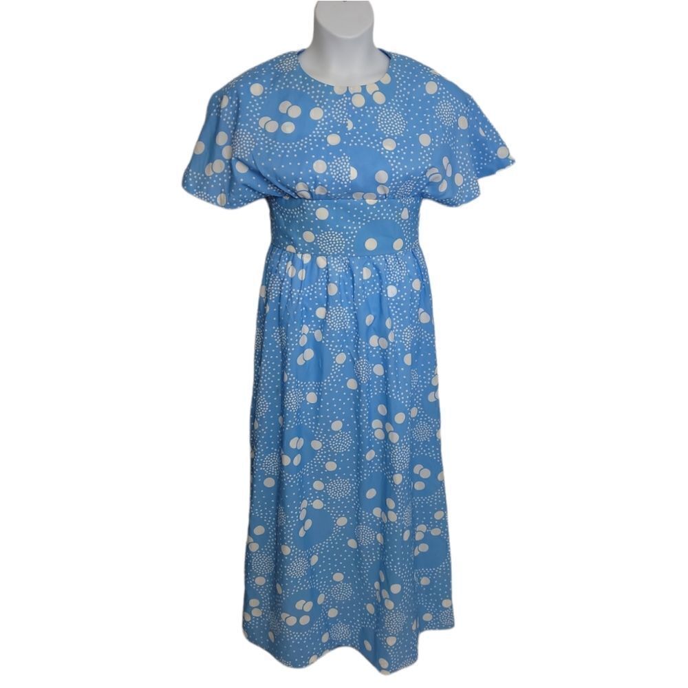 VINTAGE 70s dress cornflower‎ blue polka dot short sleeve maxi S